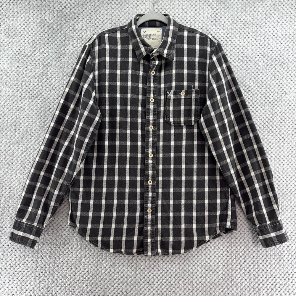 American Eagle Button Front Shirt Mens L Dark Brown Plaid Long Sleeve Y2K Logo